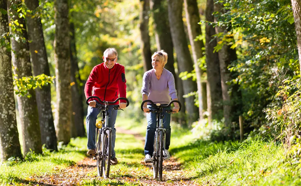 Zwei Menschen radeln durch den Wald